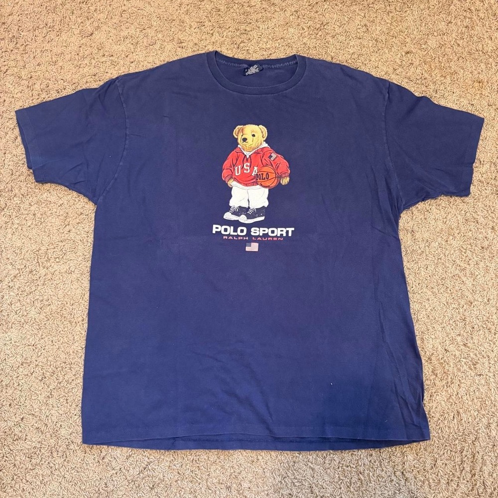 Vintage Ralph Lauren Polo Sport Bear USA Basketball Tee Navy XL Made in USA